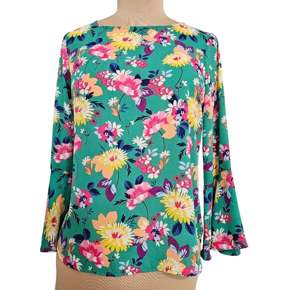 Floral Green Blouse 3/4 Bell Sleeve Womens Small Bloomcore Spring Summer Popover - Picture 1 of 14